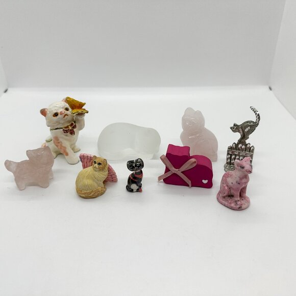 Vtg Pink Cat Cats Figurine Lot Collection Crystal Stone Luster Floral Metal